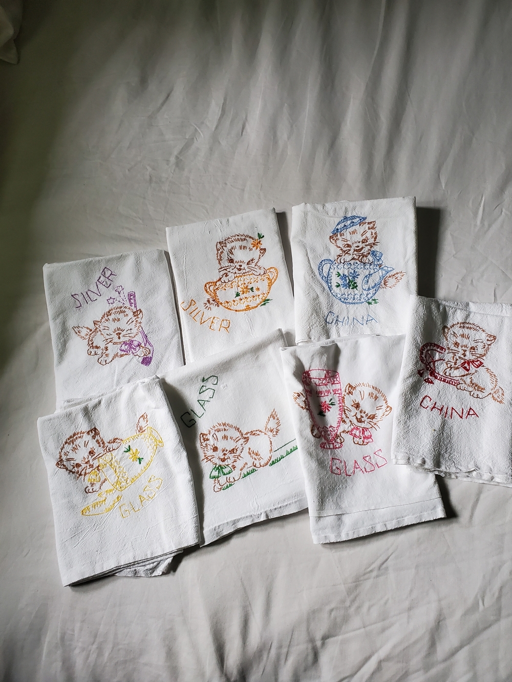 Vintage Feedsack Embroidered Kitten Flour Sack Towel - Feed Sack Kitchen Towels